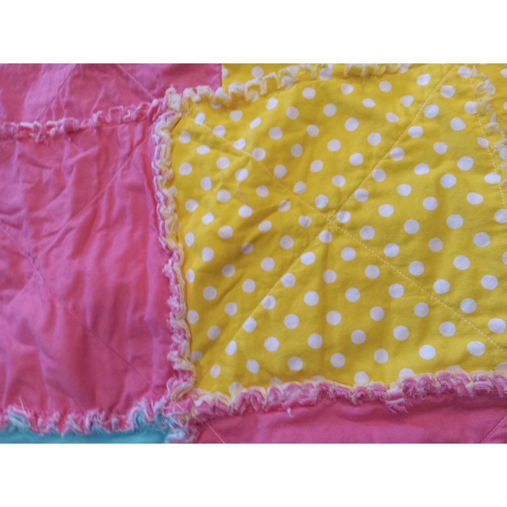 Handmade Patchwork Rag Quilt Pink Yellow Turquoise Bird Floral Polka Dot Throw - Picture 3 of 4